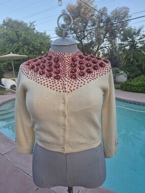 Vintage Embellished Cream Cardigan with Red Crystal Yoke
